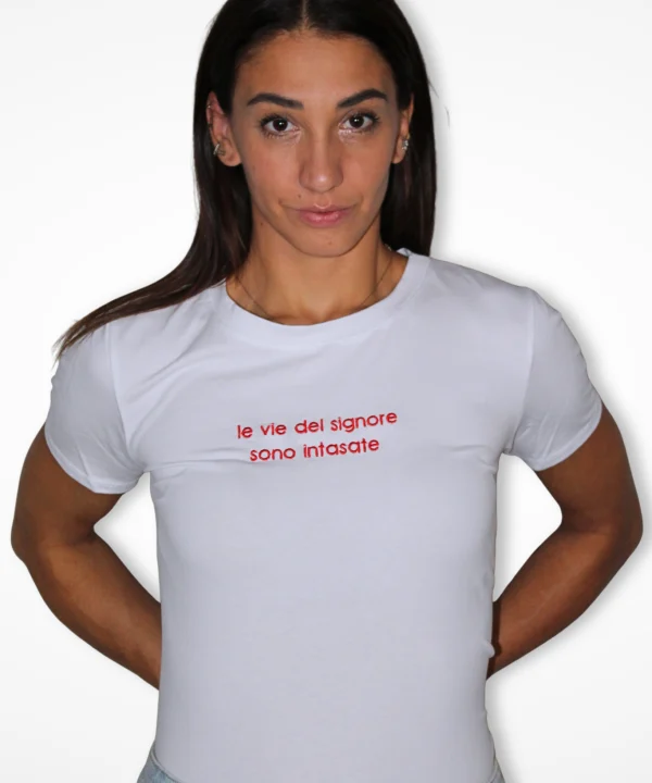 Maglietta Divine Ways, t-shirt bianca con scritta ricamata rossa – JeiBi